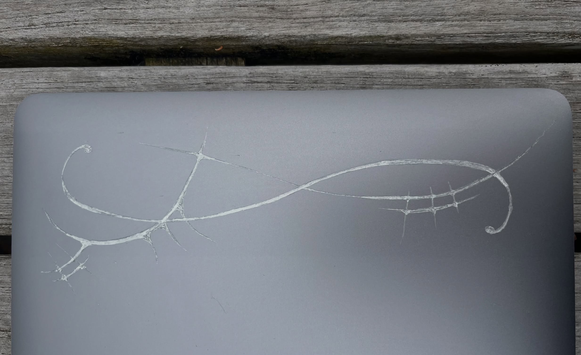 A close view of a looping line drawing scratched into the silver laptop lid.